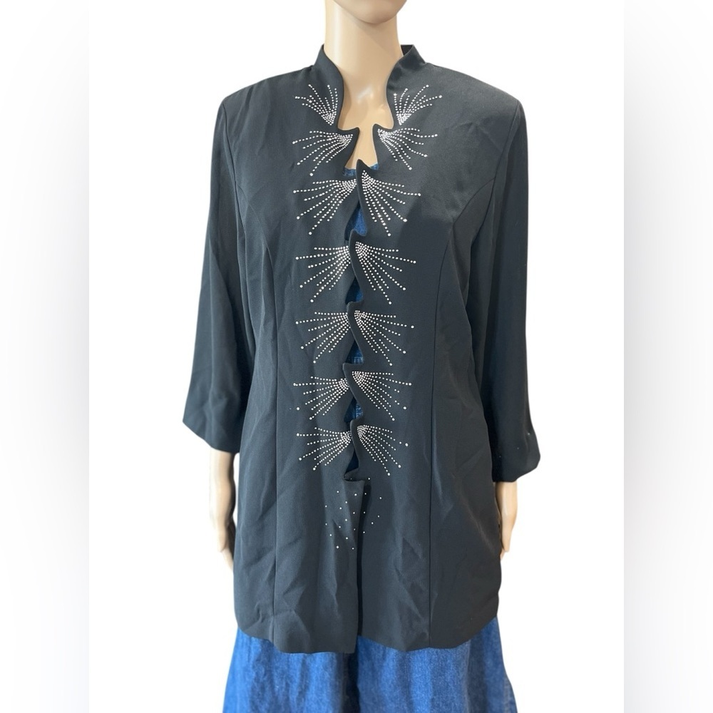 Vintage rhinestone 80’s does 20’s flyaway chiffon Black ladies layering jacket L